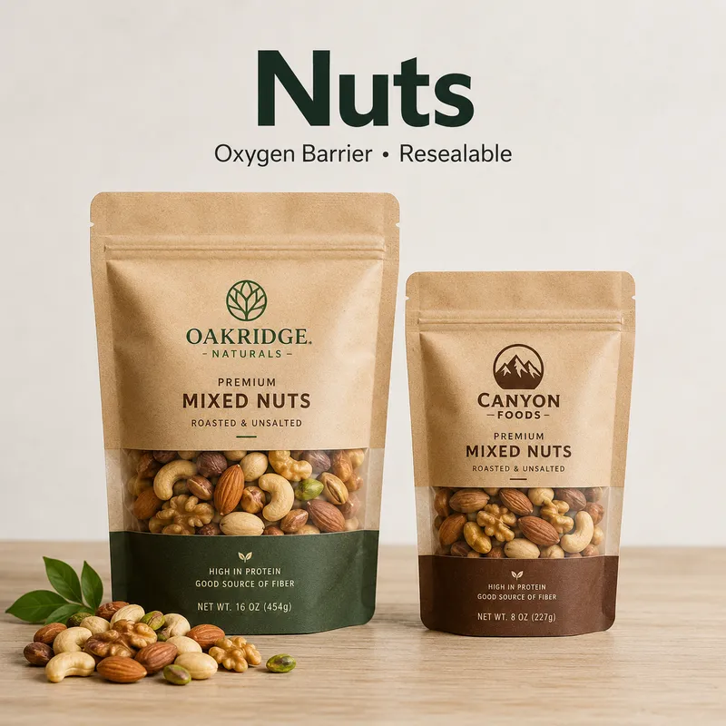 Custom Mylar bags for nuts with resealable pouch packaging and clear window for mixed nut products.
