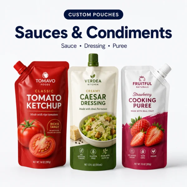 Custom sauce and condiment pouches for ketchup, Caesar dressing and fruit puree