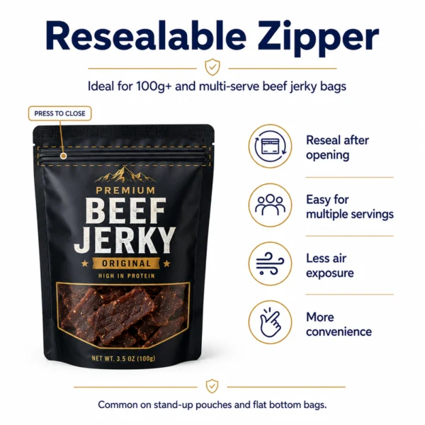Custom beef jerky stand-up pouch with press-to-close resealable zipper for multiple servings