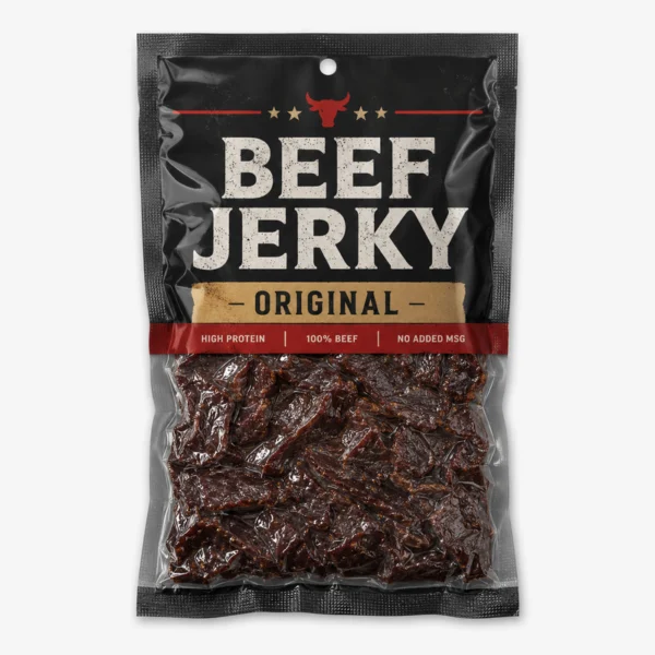 Custom vacuum beef jerky bag with reduced internal air and tightly packed product