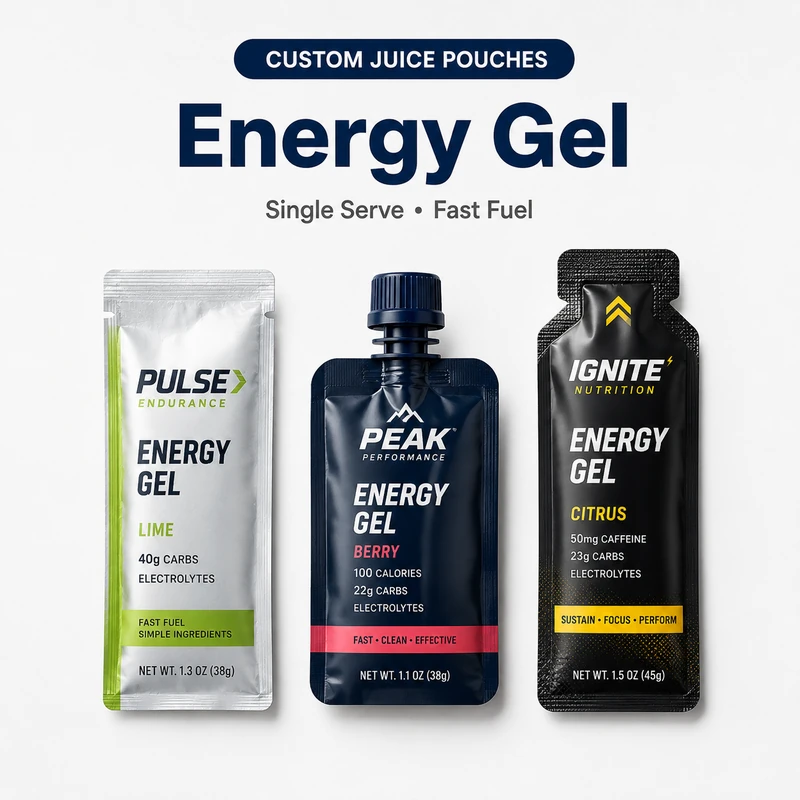 Custom single-serve energy gel sachets and small spout pouches for sports nutrition