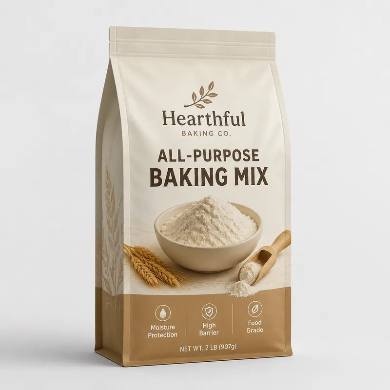 Custom powder packaging bag with stable side-gusset structure and high-barrier material for baking mix and dry powder products.