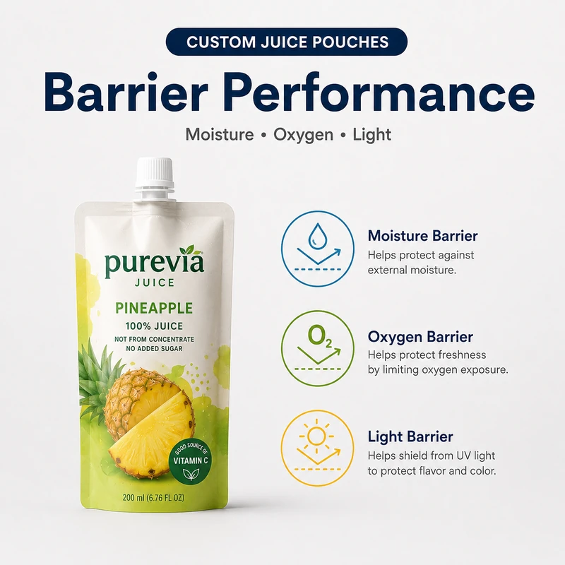 Custom juice pouch showing moisture, oxygen and light barrier performance