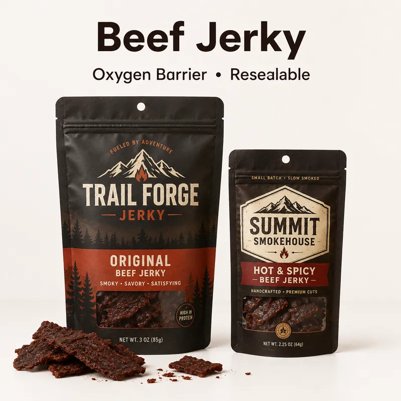 Custom Mylar beef jerky bags with resealable pouch structure and product window for meat snack packaging.