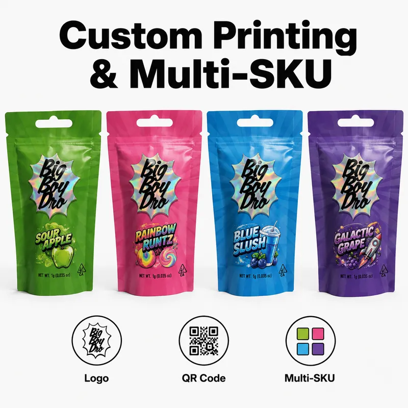 Custom printed Mylar bags with logo, QR code and multi-SKU flavor designs for brand packaging.