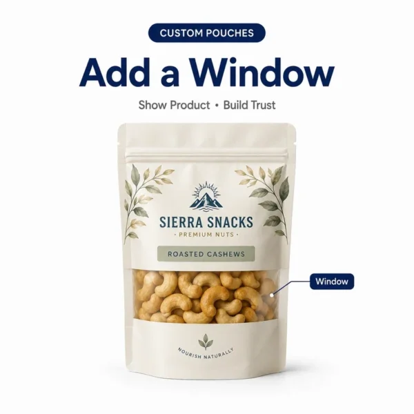 Custom roasted cashew stand-up pouch with transparent product window