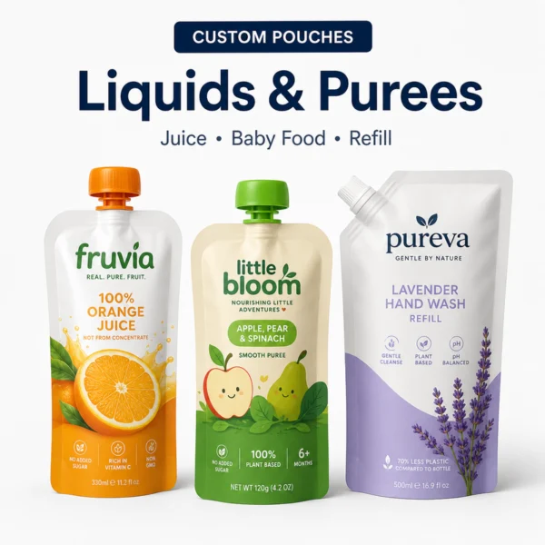 Custom pouches for orange juice, baby food puree and refill liquid products