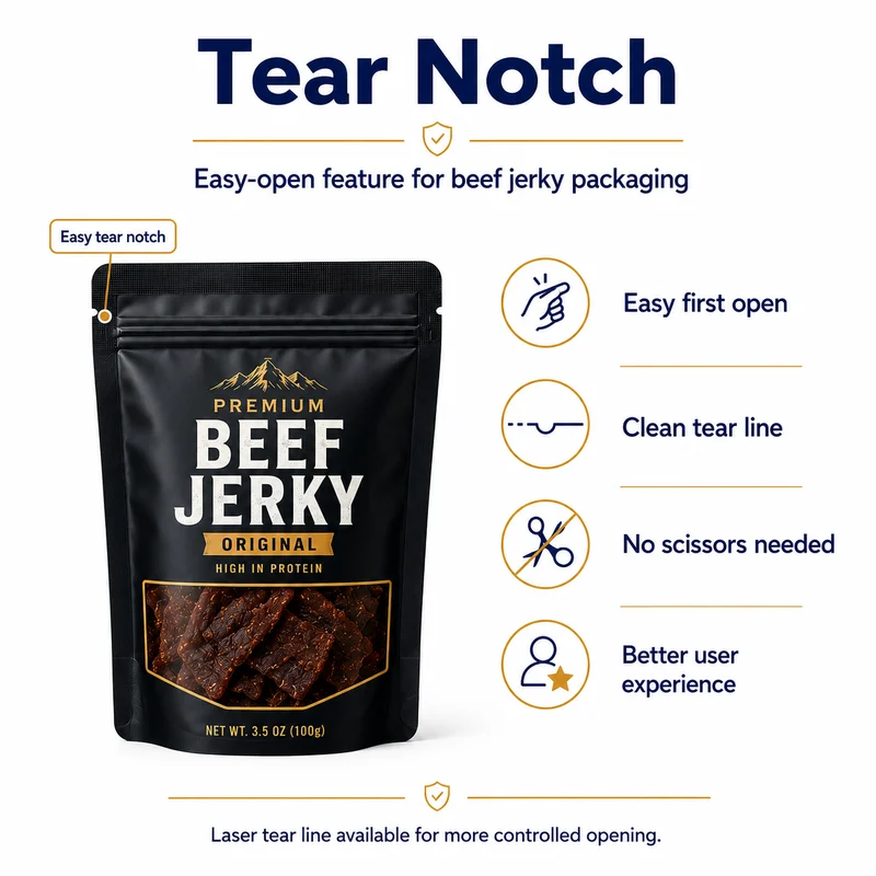 Beef jerky pouch with easy-open tear notch and optional laser tear line
