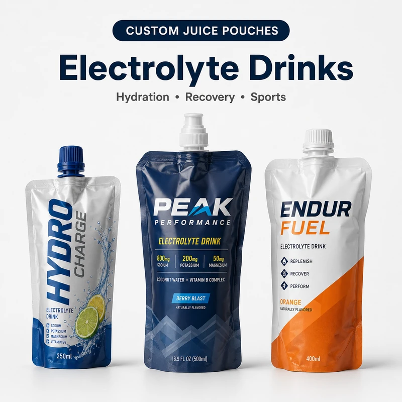 Custom electrolyte drink pouches with sports caps for hydration and recovery beverages
