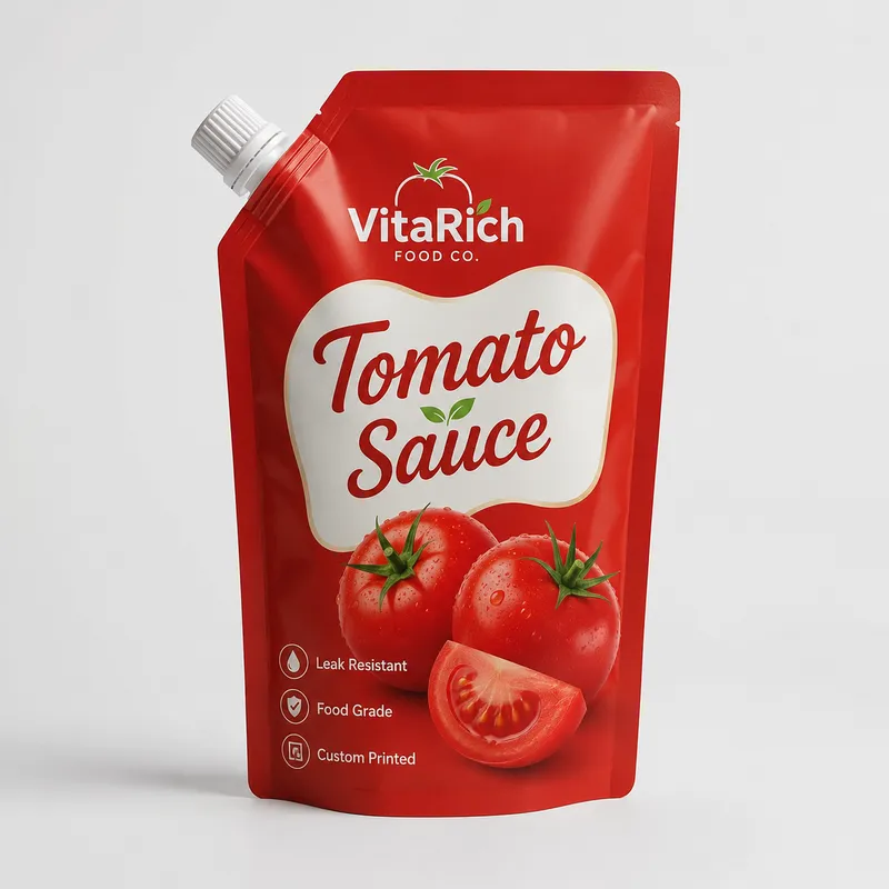 Custom sauce pouch with corner spout, leak-resistant structure and food-grade materials for liquid and semi-liquid products.