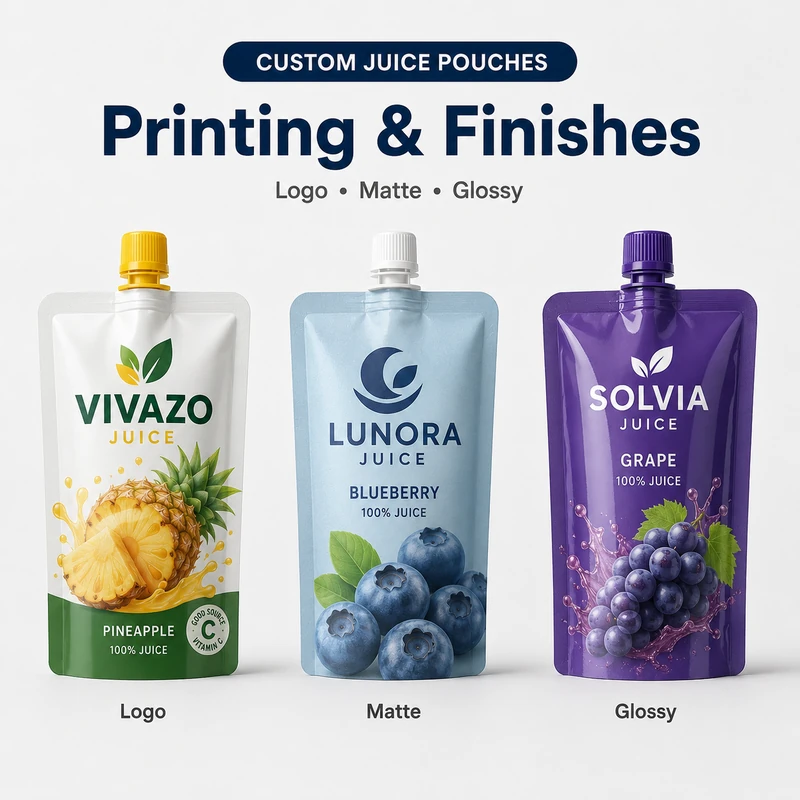 Custom printed juice pouches with logo, matte and glossy surface finishes