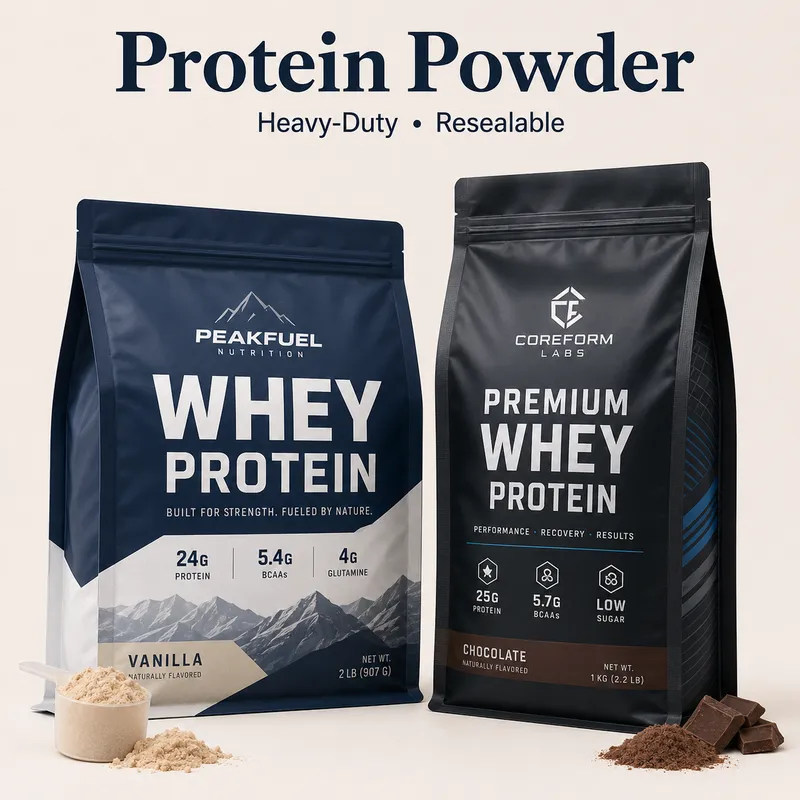 Custom Mylar bags for protein powder with heavy-duty resealable pouch design for sports nutrition packaging.