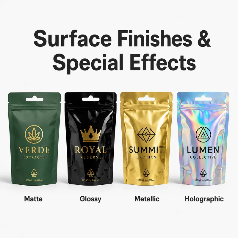Custom Mylar bag surface finishes including matte, glossy, metallic and holographic packaging effects.
