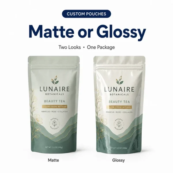 Same custom beauty tea pouch shown with matte and glossy surface finishes
