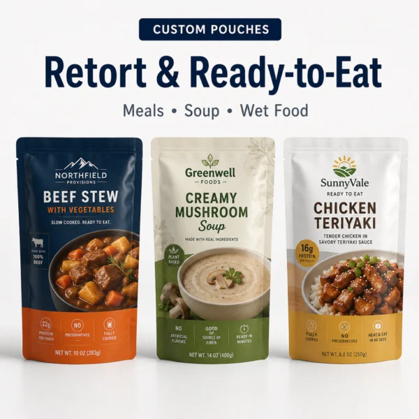 Custom retort pouches for ready meals, soup and wet food packaging