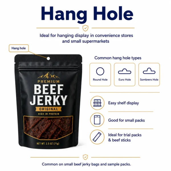 Custom beef jerky bags with round Euro and Sombrero hang hole options for retail display