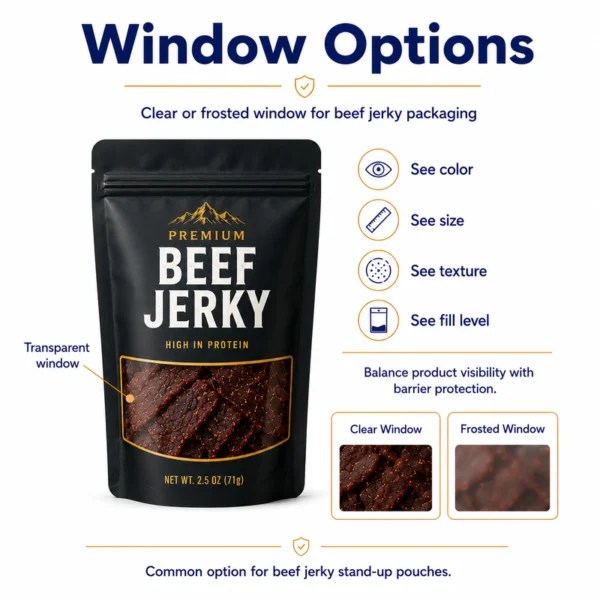Beef jerky stand-up pouch with clear and frosted window options for product visibility