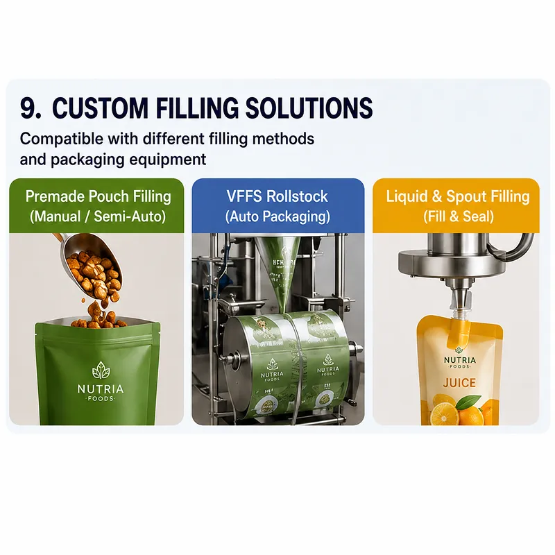 Custom food pouch filling solutions showing premade pouch filling, VFFS rollstock packaging and liquid spout pouch filling.
