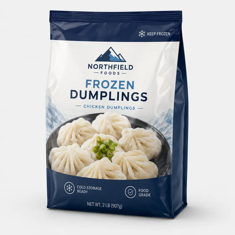 Custom frozen food packaging bag with cold-storage-ready structure and durable material for frozen dumplings and prepared foods.