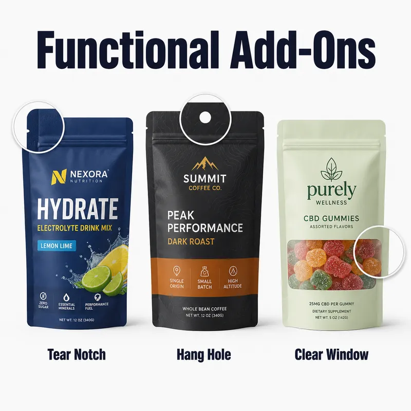 Custom Mylar bag functional add-ons including tear notch, hang hole and clear window for flexible packaging.