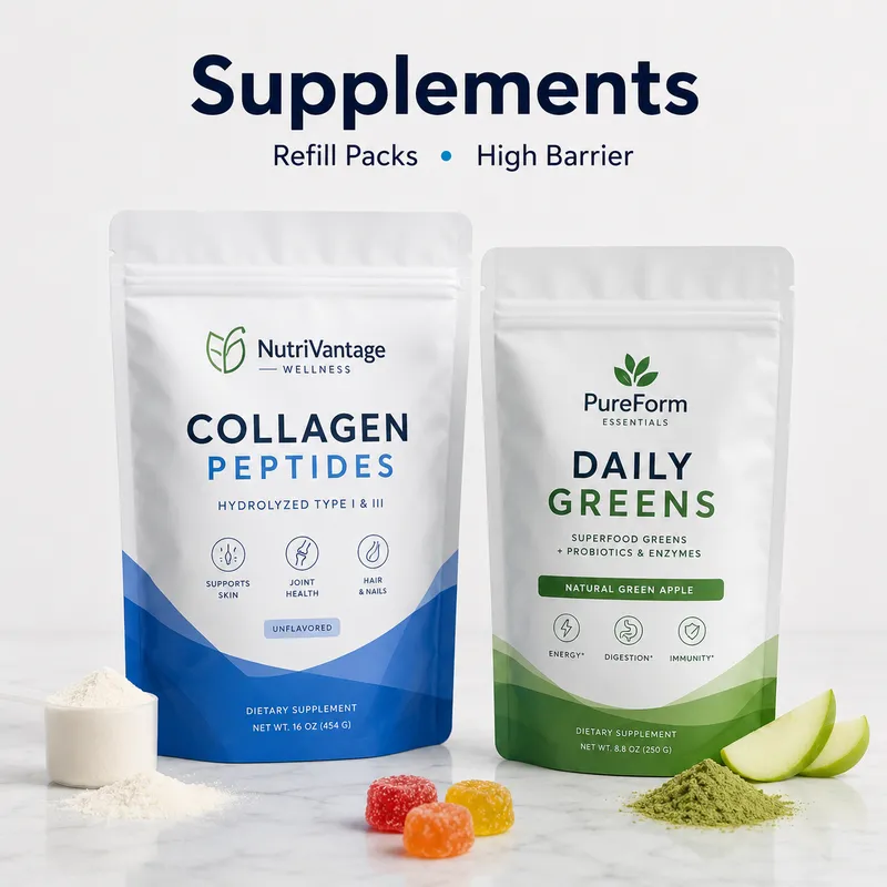 Custom Mylar supplement bags for collagen peptides and greens powder in refill pouch packaging.