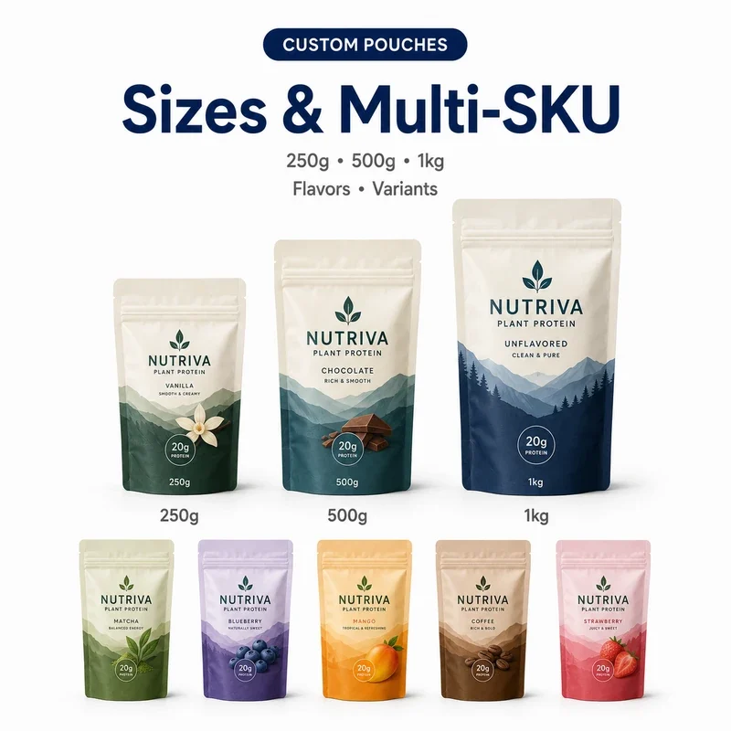 Custom plant protein pouches in 250 gram, 500 gram and 1 kilogram sizes with multiple flavor designs