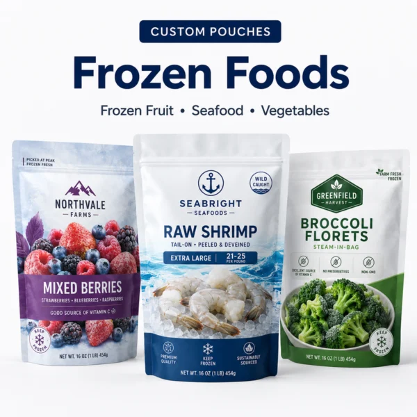 Custom pouches for frozen berries, raw shrimp and frozen broccoli packaging