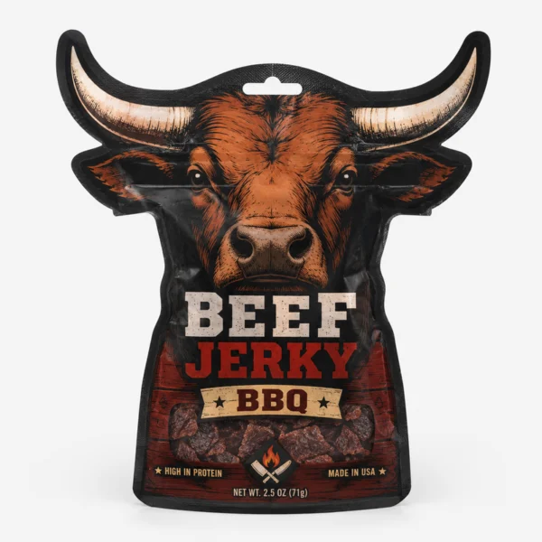 Custom shaped beef jerky pouch with die-cut design for promotional and specialty packaging