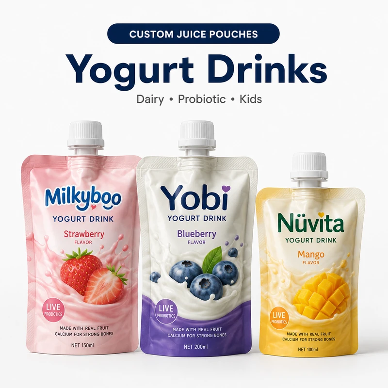 Custom yogurt drink pouches for strawberry, blueberry and mango flavors