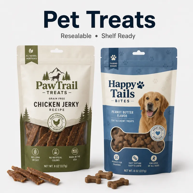 Custom Mylar pet treat bags with resealable pouch design for dog jerky treats and soft chew snacks.