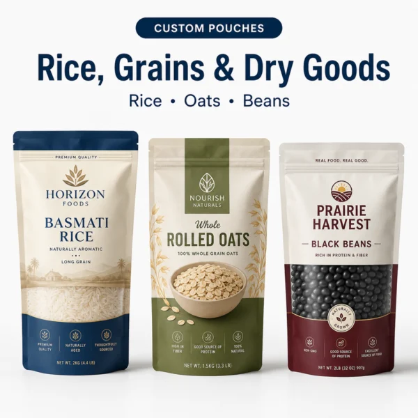 Custom pouches for basmati rice, rolled oats and black beans packaging