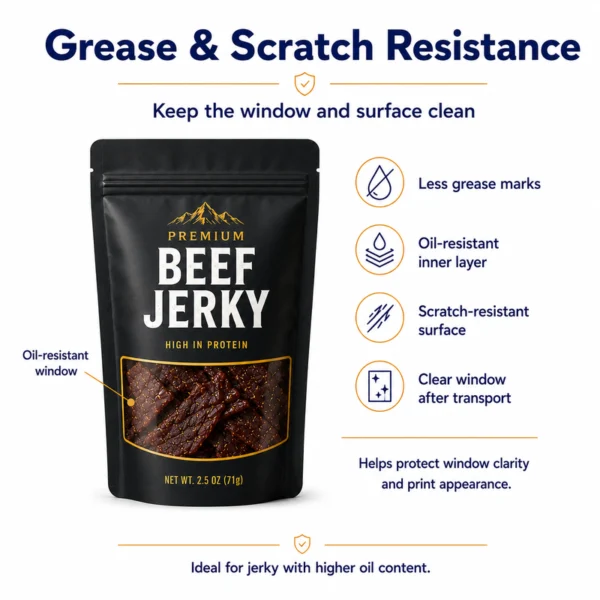 Grease-resistant and scratch-resistant beef jerky pouch with clear window protection