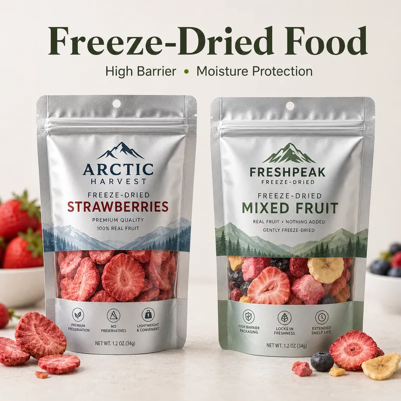Custom Mylar bags for freeze-dried food with moisture barrier packaging for strawberries and mixed fruit products.