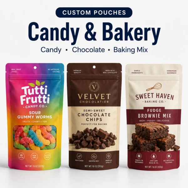 Custom pouches for gummy candy, chocolate chips and brownie mix packaging