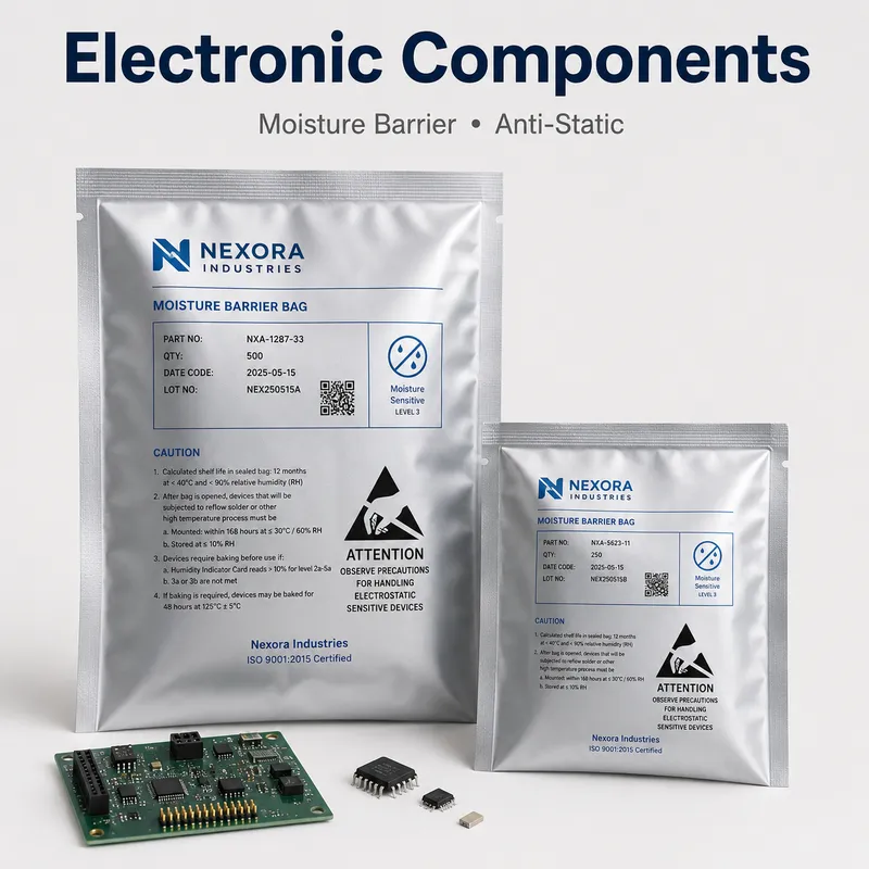 Custom moisture barrier Mylar bags for electronic components with anti-static protection for PCB and sensitive devices.