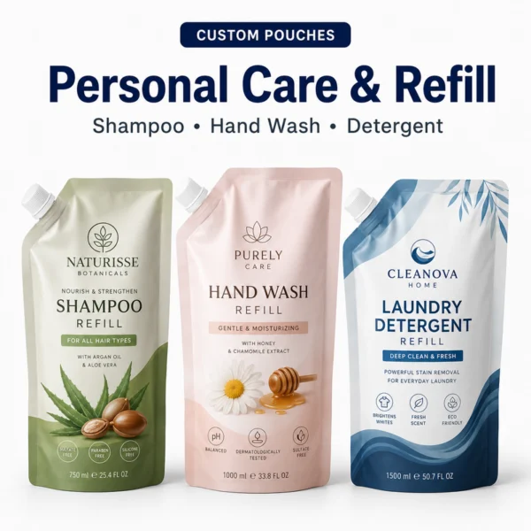 Custom spouted refill pouches for shampoo, hand wash and laundry detergent