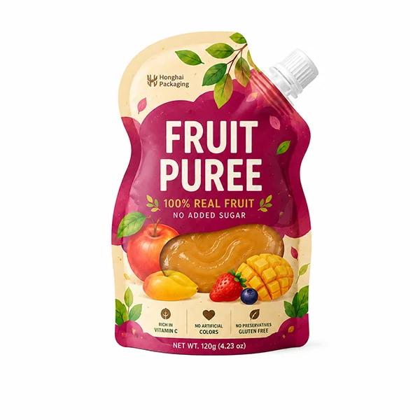 Custom spout shaped pouch for fruit puree packaging with spout closure and colorful fruit design