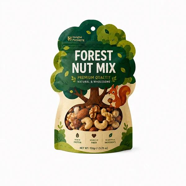 Custom stand up shaped pouch for nut mix packaging with unique contour shape and clear window