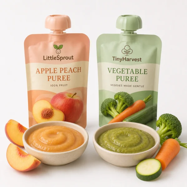 Two baby food spout pouches for apple peach puree and vegetable puree with bowls of puree and fresh fruit and vegetables.