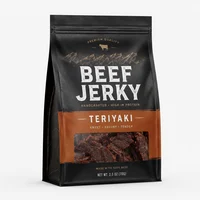 Custom flat bottom beef jerky bag review image for premium shelf-ready packaging