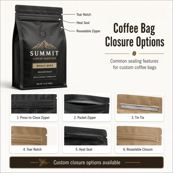 Coffee bag closure options including press-to-close zipper, pocket zipper, tin tie, tear notch and heat seal