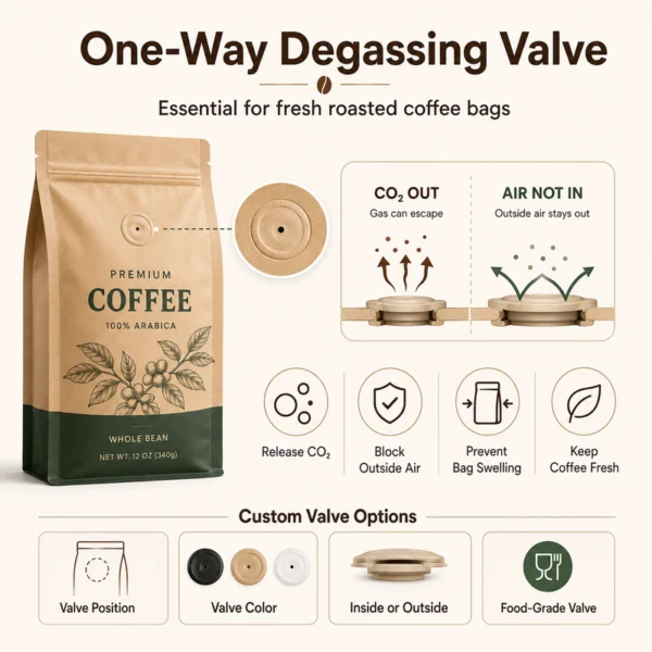 One-way degassing valve for coffee bags to release carbon dioxide and keep roasted coffee fresh