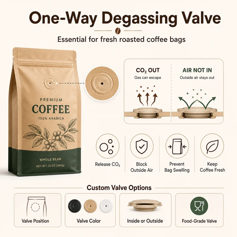 One-way degassing valve for coffee bags to release carbon dioxide and keep roasted coffee fresh