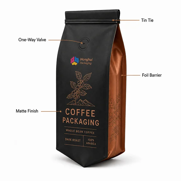 Custom coffee side gusset pouch with one-way valve, tin tie, foil barrier and matte finish by Honghai Packaging.