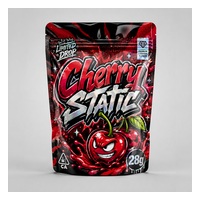 Red and black custom 28g cannabis Mylar pouch with bold cherry artwork