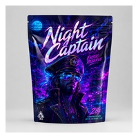 Premium purple and blue custom 28g Mylar pouch with illustrated night captain design