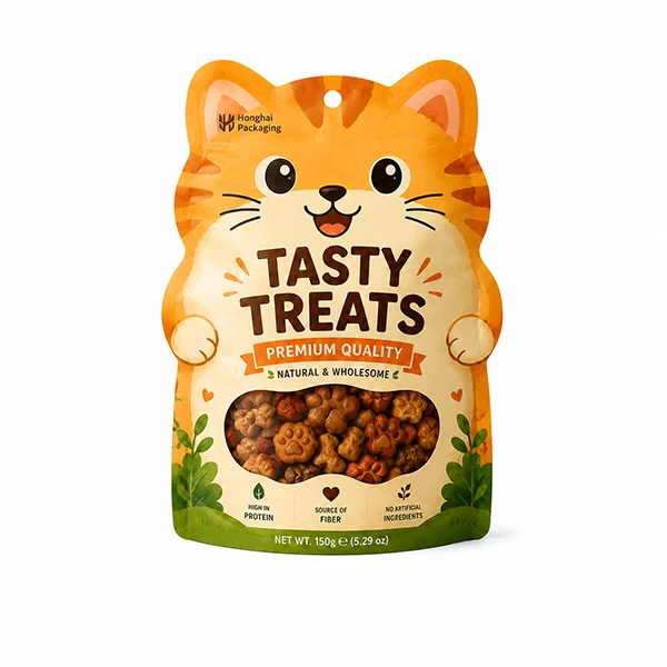 Custom animal shaped pouch for pet snack packaging with cute cat design and clear product window