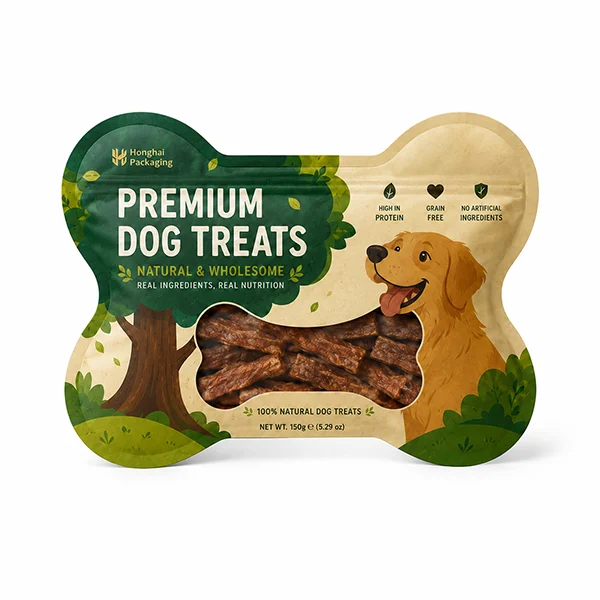 Custom bone shaped pouch for dog treats packaging with bone silhouette and transparent product window