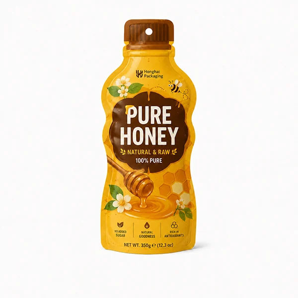 Custom bottle shaped pouch for honey packaging with bottle-style silhouette and printed honey design