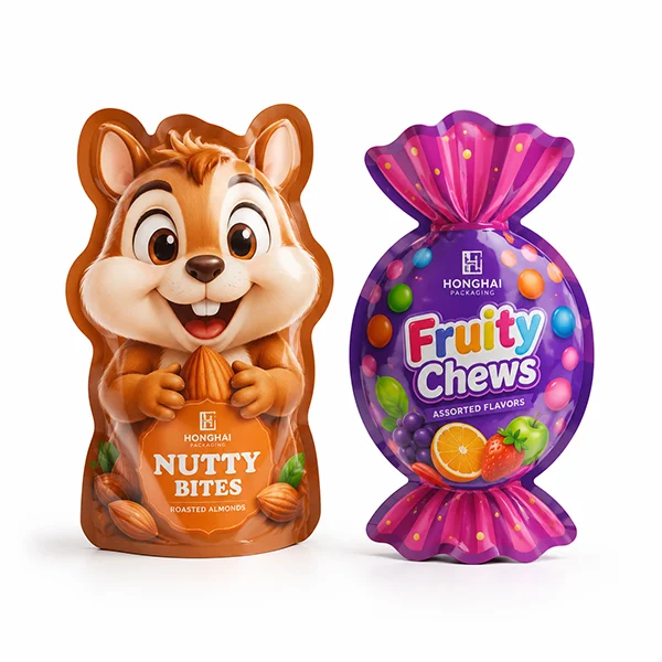 Custom candy and snack shaped pouches with creative cartoon and colorful flexible packaging designs